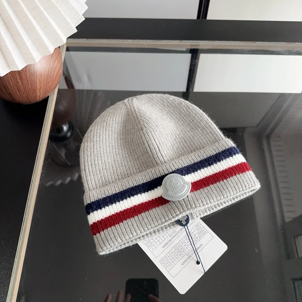 Moncler Kids Light Grey Beanie with Navy & Red Stripe Detail